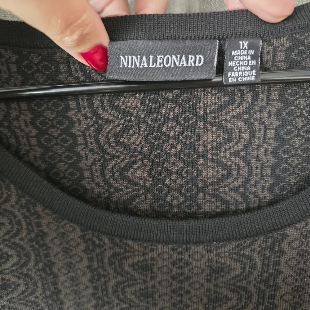 Nina Leonard Black/Olive Geometric Scoop Neck Fit & Flare Sweater Dress 1X - Picture 5 of 6